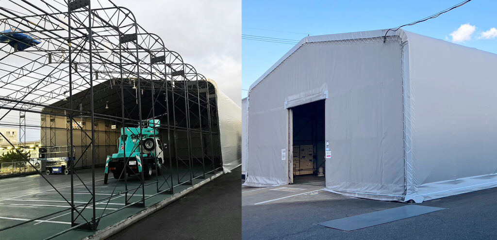 テント倉庫シートの劣化状態によって張替え作業を行う図